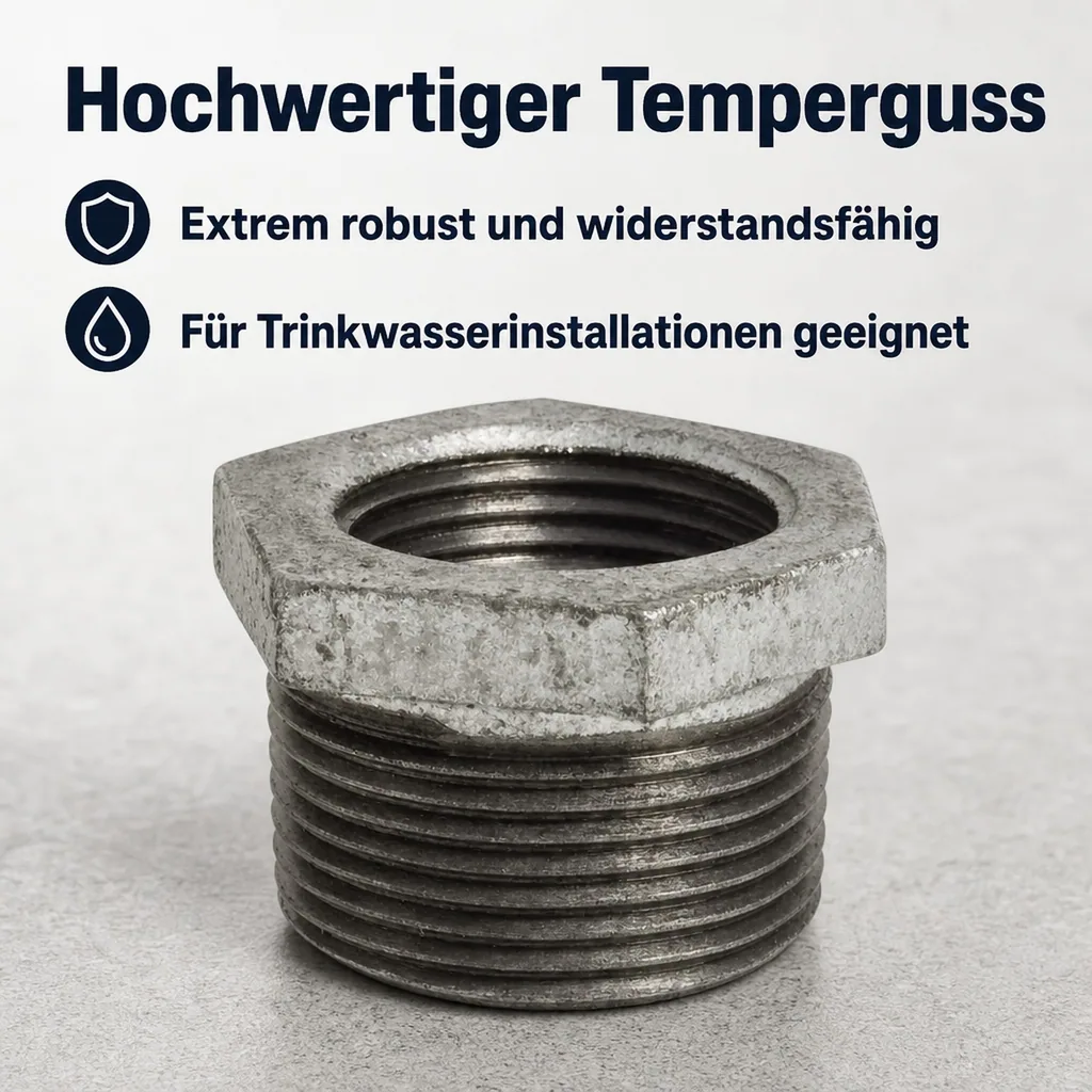 Tempergussfitting, Gewindefitting Temperguss, Reduzierstück 1 1/2" AG x 1 1/4" IG