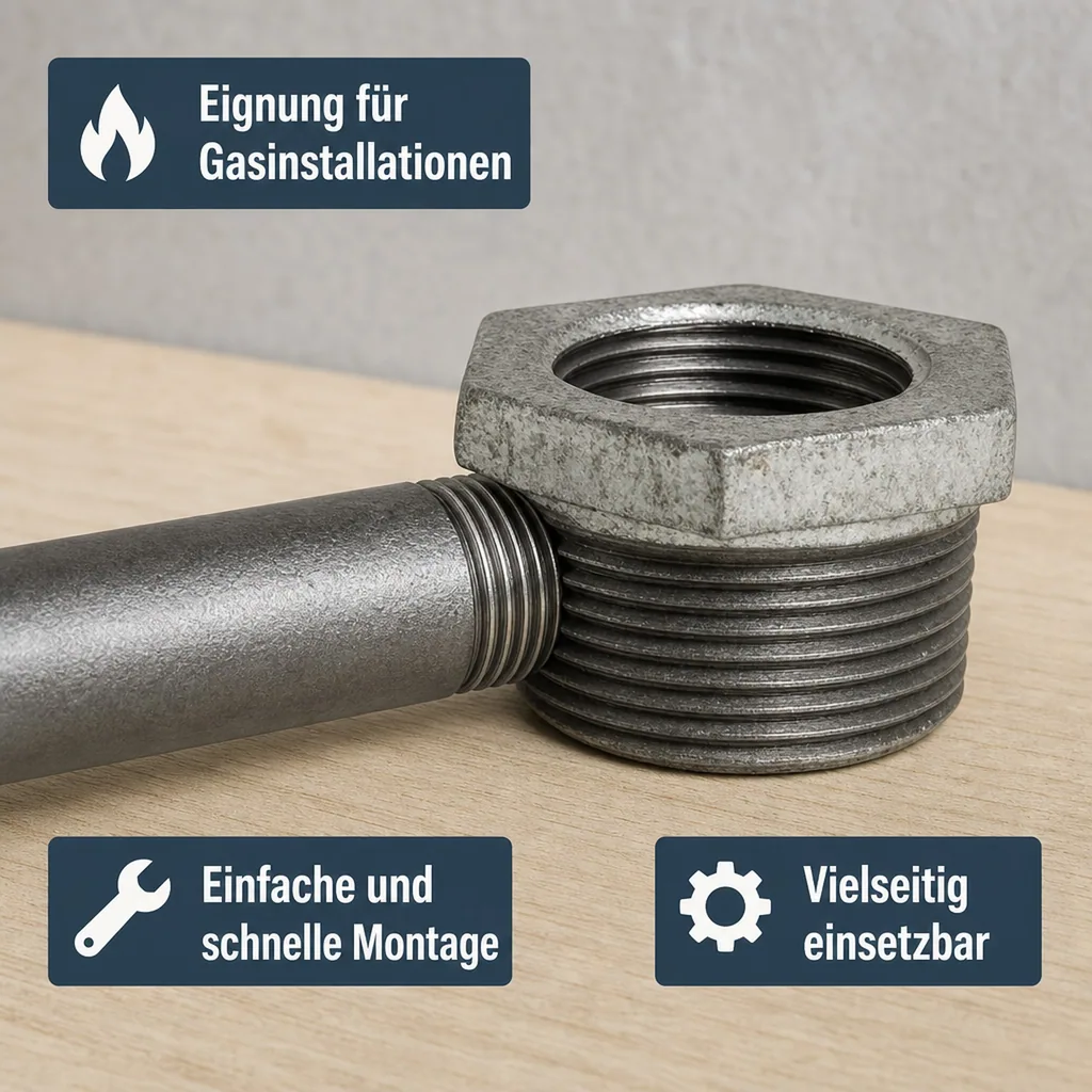 Tempergussfitting, Gewindefitting Temperguss, Reduzierstück 1 1/2" AG x 1 1/4" IG