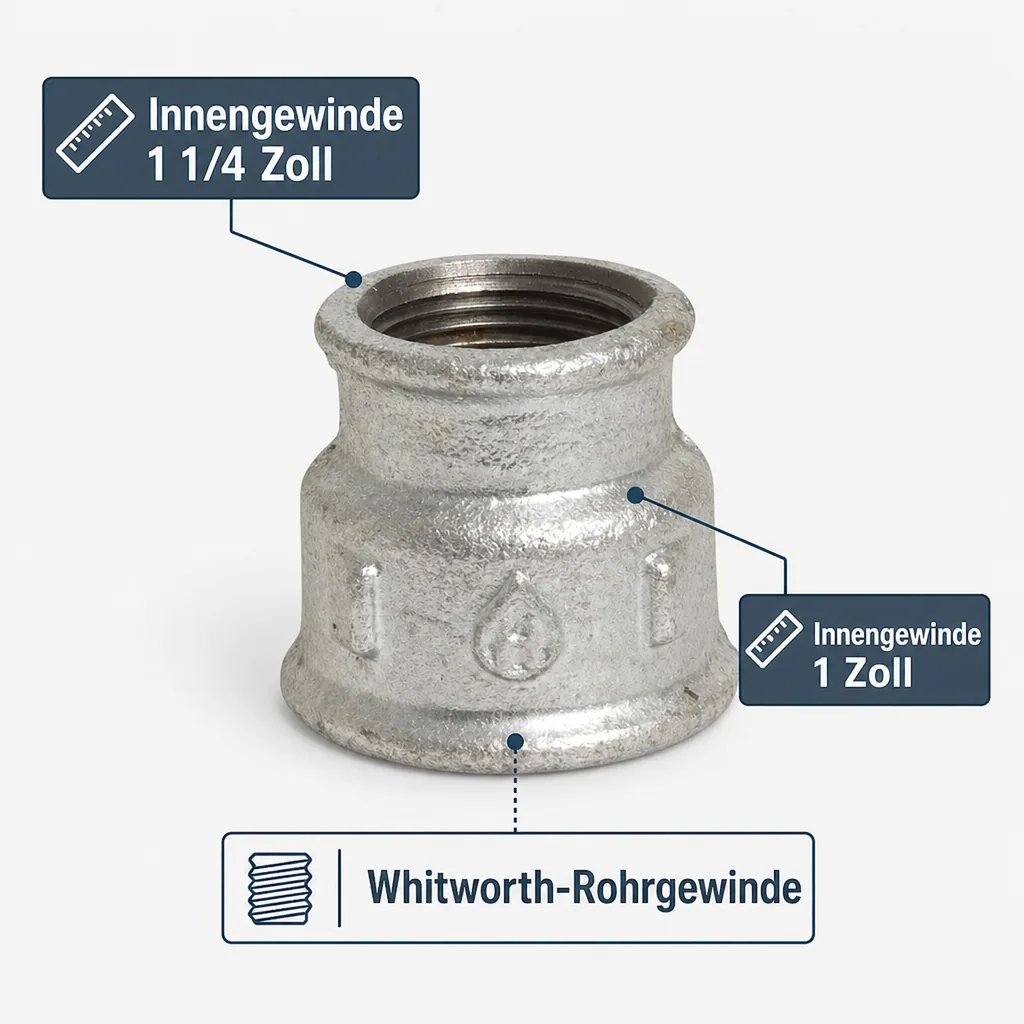 Gewindefitting Temperguss Reduziermuffe 1 1/4" IG x 1" IG