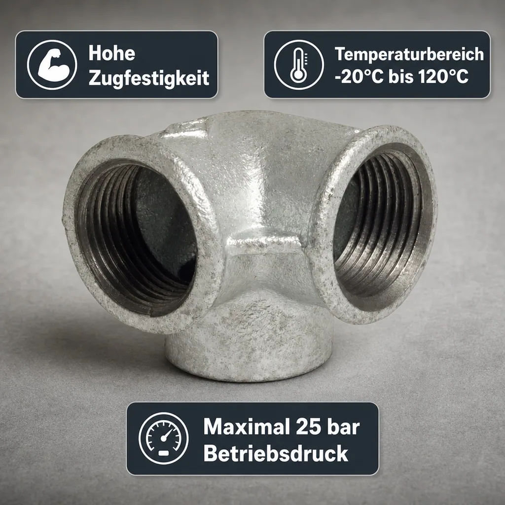 Gewindefitting Temperguss 3/4 Zoll, Winkelverteiler verzinkt