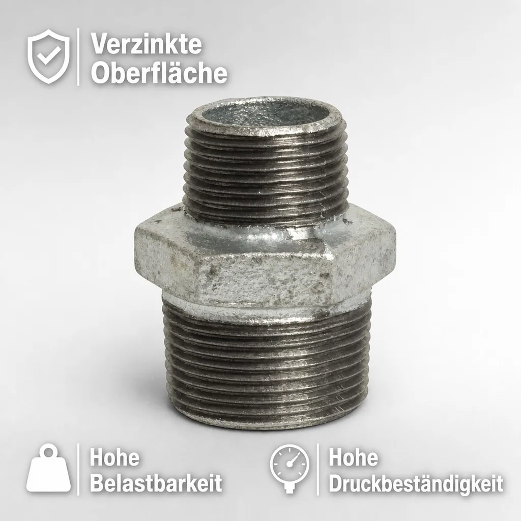 Reduziernippel, Tempergussfitting, Gewindefitting, 3/4" AG x 1/2" AG