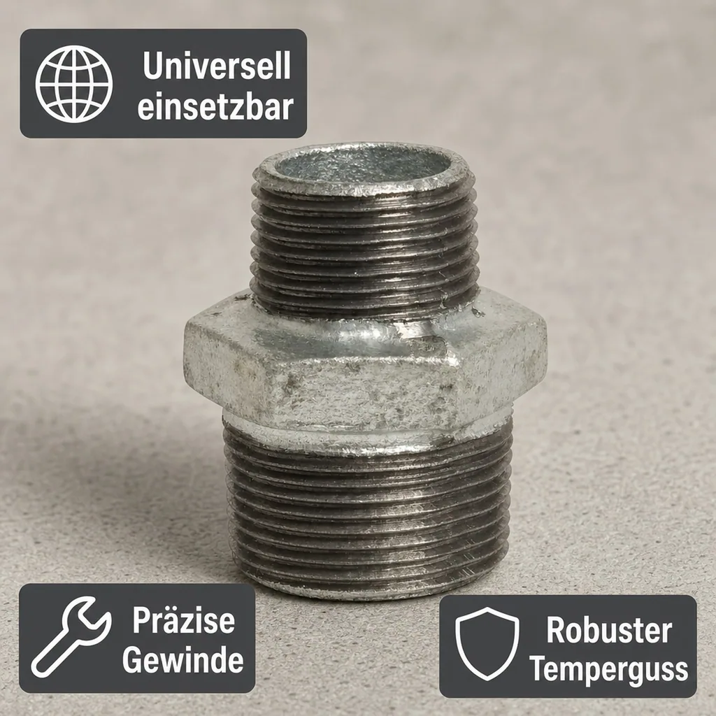 Reduziernippel, Tempergussfitting, Gewindefitting, 3/4" AG x 1/2" AG