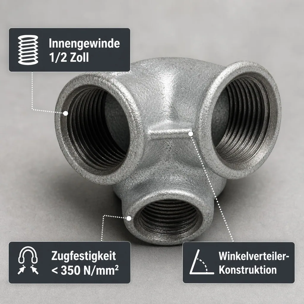 Gewindefitting Temperguss Winkelverteiler 1/2" IG x 1/2" IG x 1/2" IG
