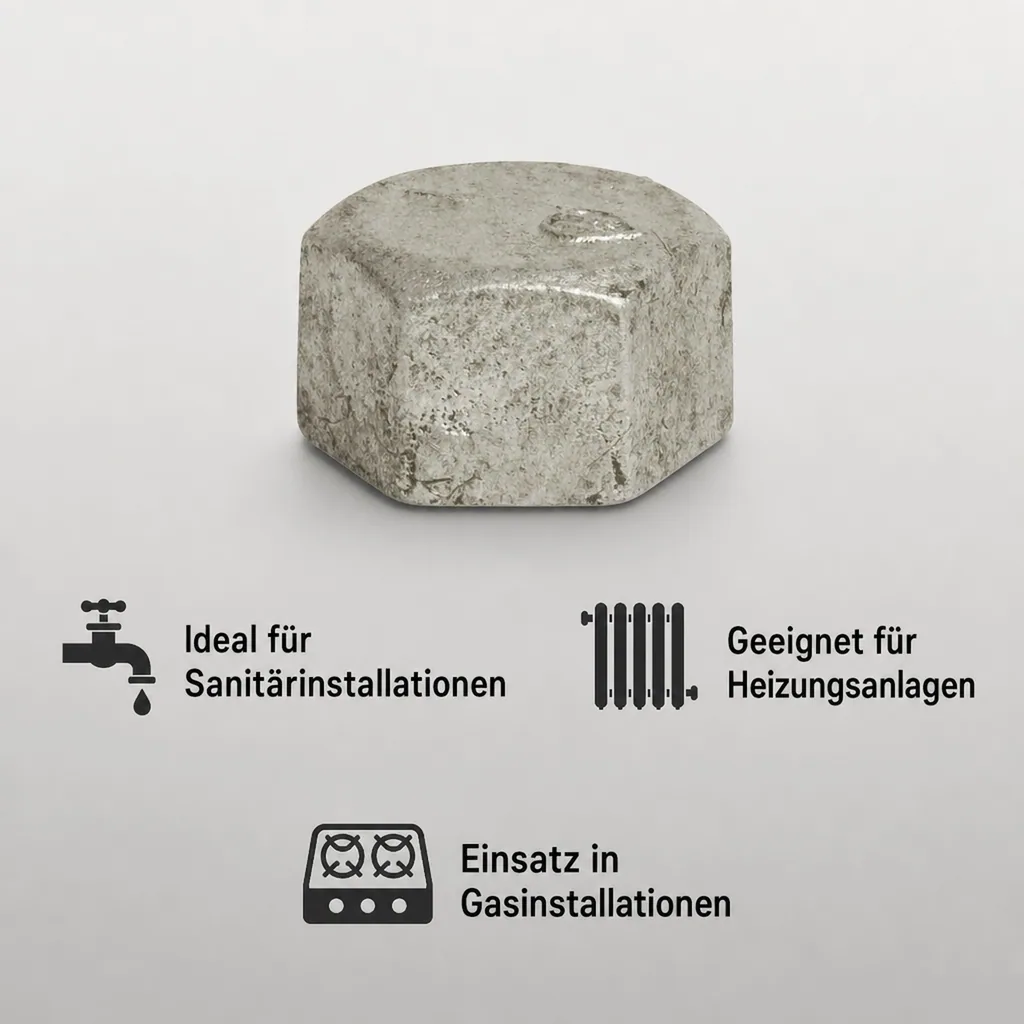 Gewindefitting, Temperguss Kappe, 1 1/4" IG, Sechskant, verzinkt