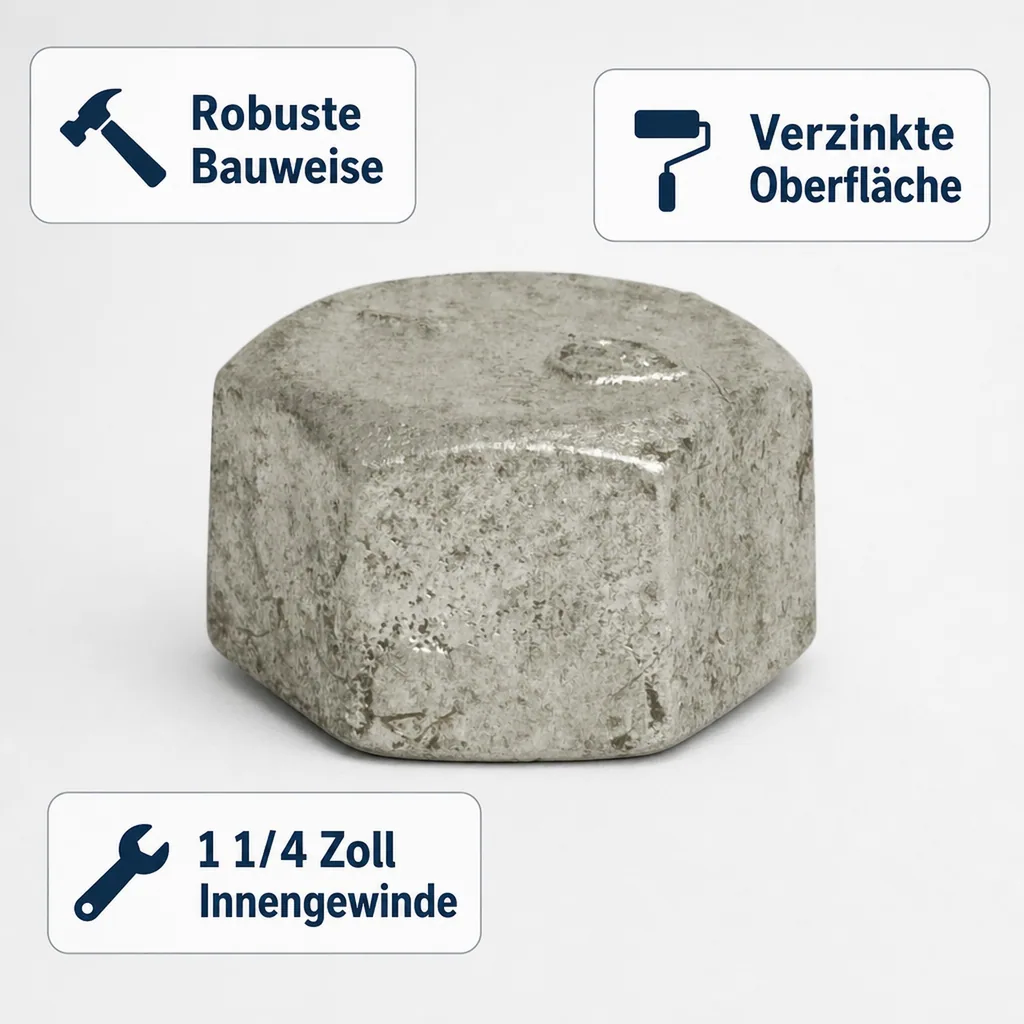Gewindefitting, Temperguss Kappe, 1 1/4" IG, Sechskant, verzinkt