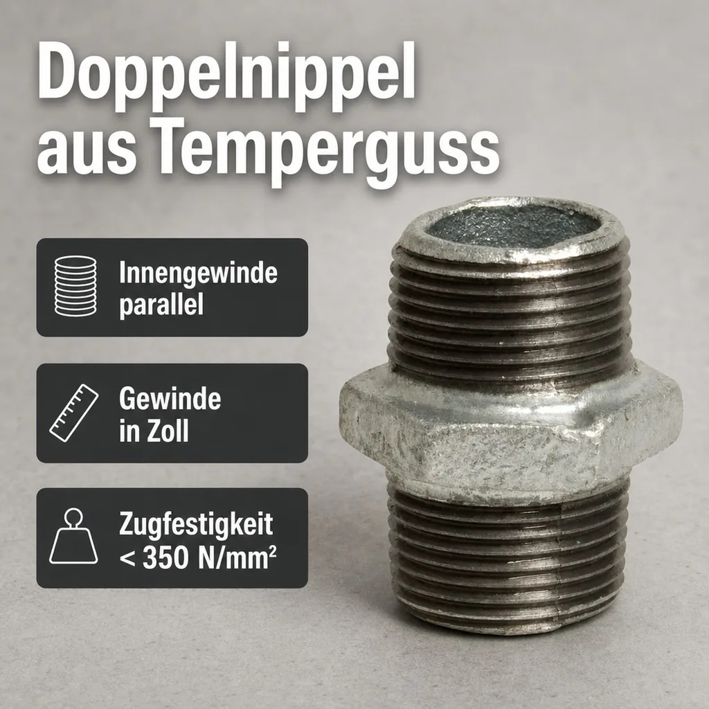 Gewindefitting Temperguss Doppelnippel 1 1/4" AG x 1 1/4" AG