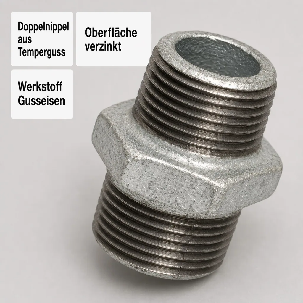 Gewindefitting Temperguss Doppelnippel 1 1/4" AG x 1 1/4" AG