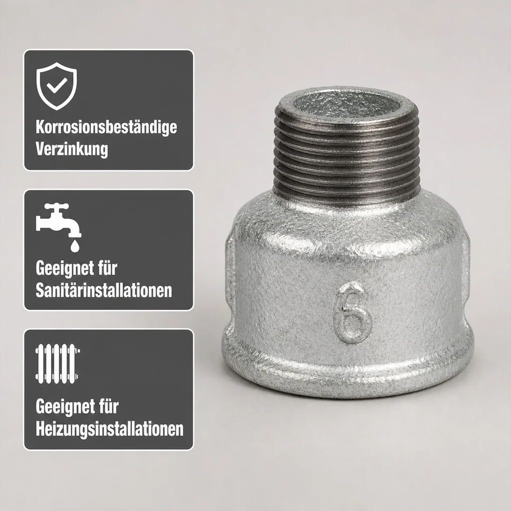 Reduziermuffe Temperguss, Gewindefitting, 1" IG x 3/4" AG