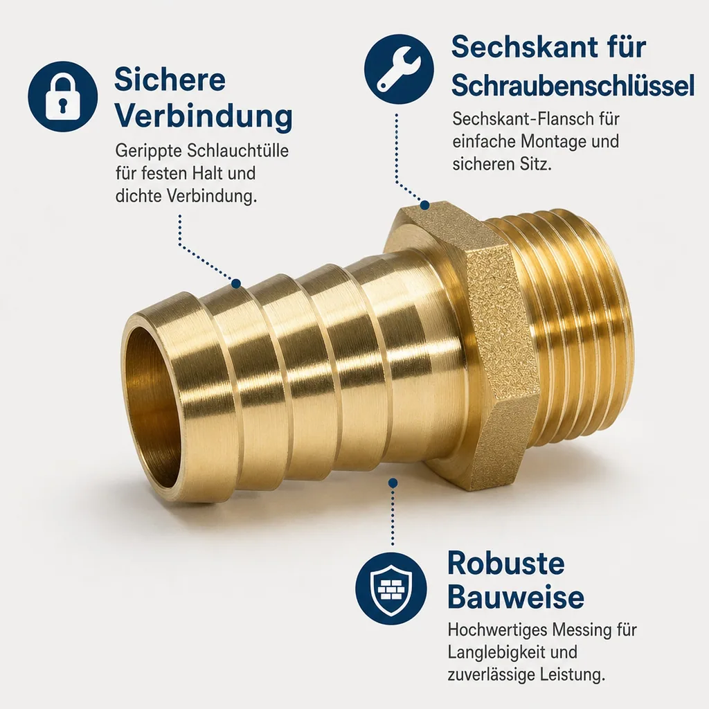 Schlauchstutzen Messing, 1 Zoll, 32mm Schlauchtülle, Außengewinde