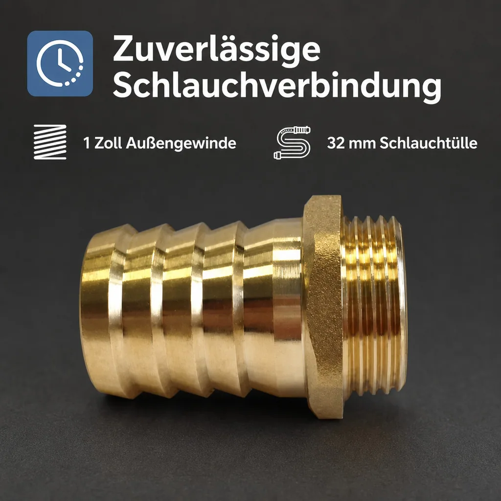 Schlauchstutzen Messing, 1 Zoll, 32mm Schlauchtülle, Außengewinde