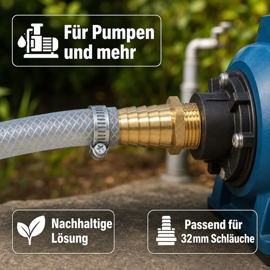 Schlauchstutzen Messing, 1 Zoll, 32mm Schlauchtülle, Außengewinde