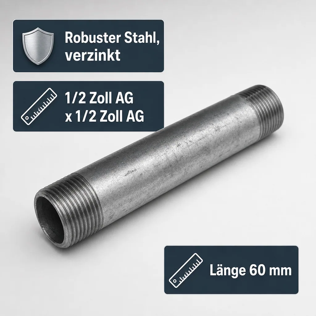 Rohrnippel verzinkt, Gewindefitting, 1/2 Zoll AG x 1/2 Zoll AG, 60mm
