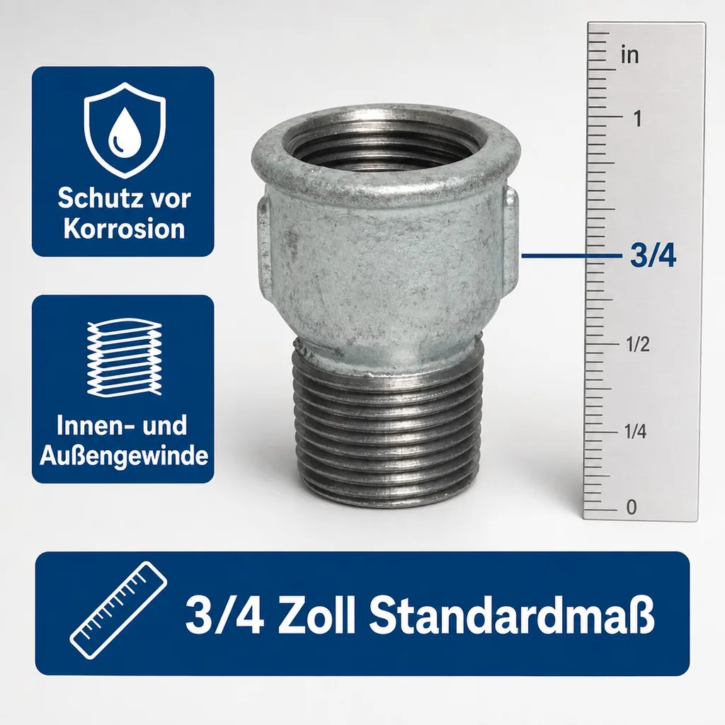 Gewindefitting 3/4 Zoll, Temperguss Muffennippel, Fitting verzinkt