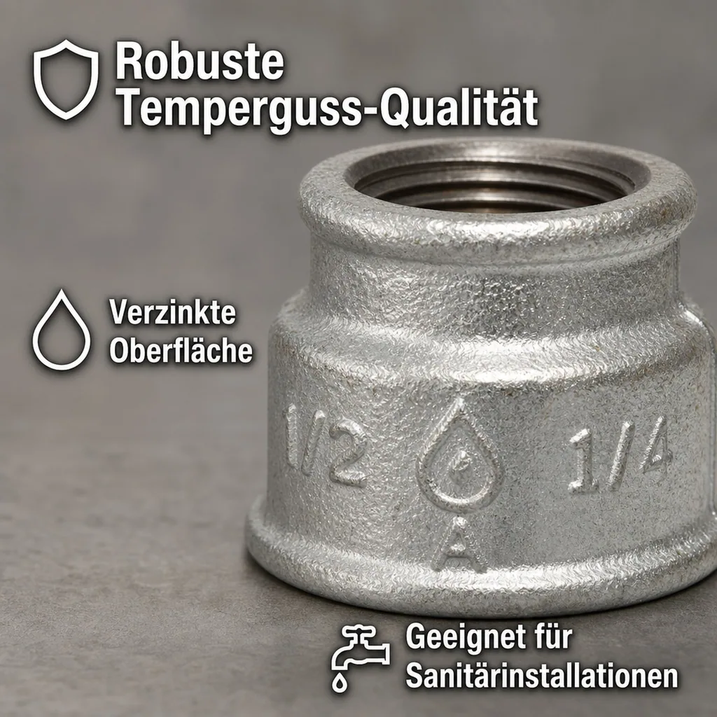 Reduziermuffe Temperguss, Gewindefitting, 1/2" IG x 1/4" IG