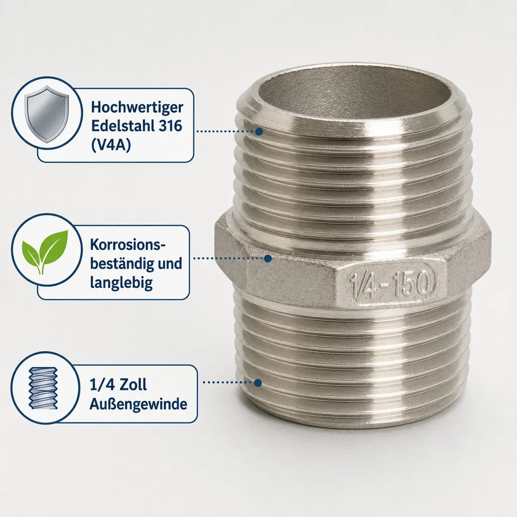 Edelstahlfitting, Doppelnippel, Gewindefitting Edelstahl, 1/4 Zoll AG