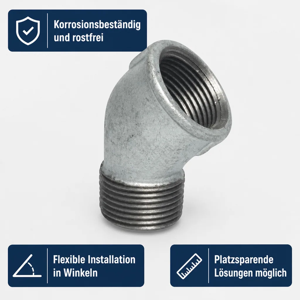 Gewindefitting, Temperguss Winkel 45 Grad, 3/8 Zoll IG x 3/8 Zoll AG, verzinkt