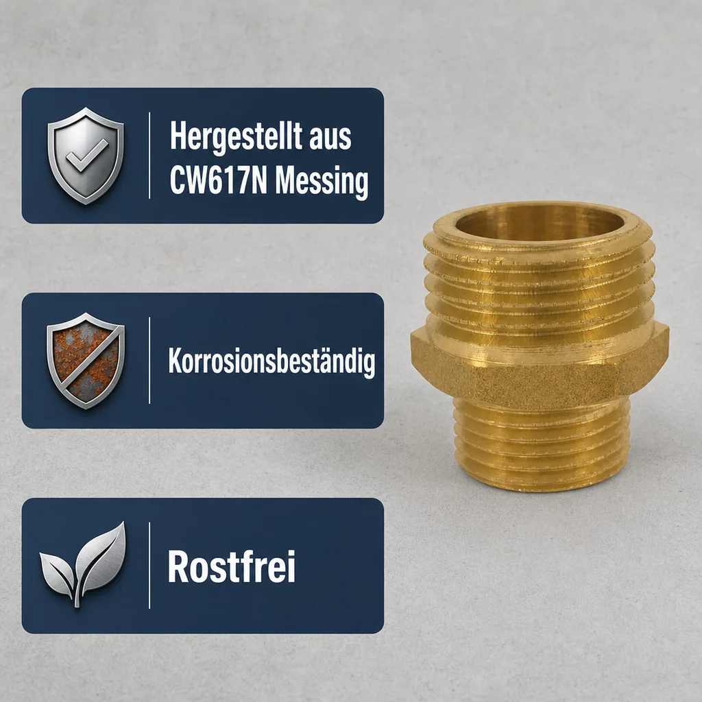Messingfitting, Doppelnippel, Gewindefitting, 1" AG x 3/8" AG