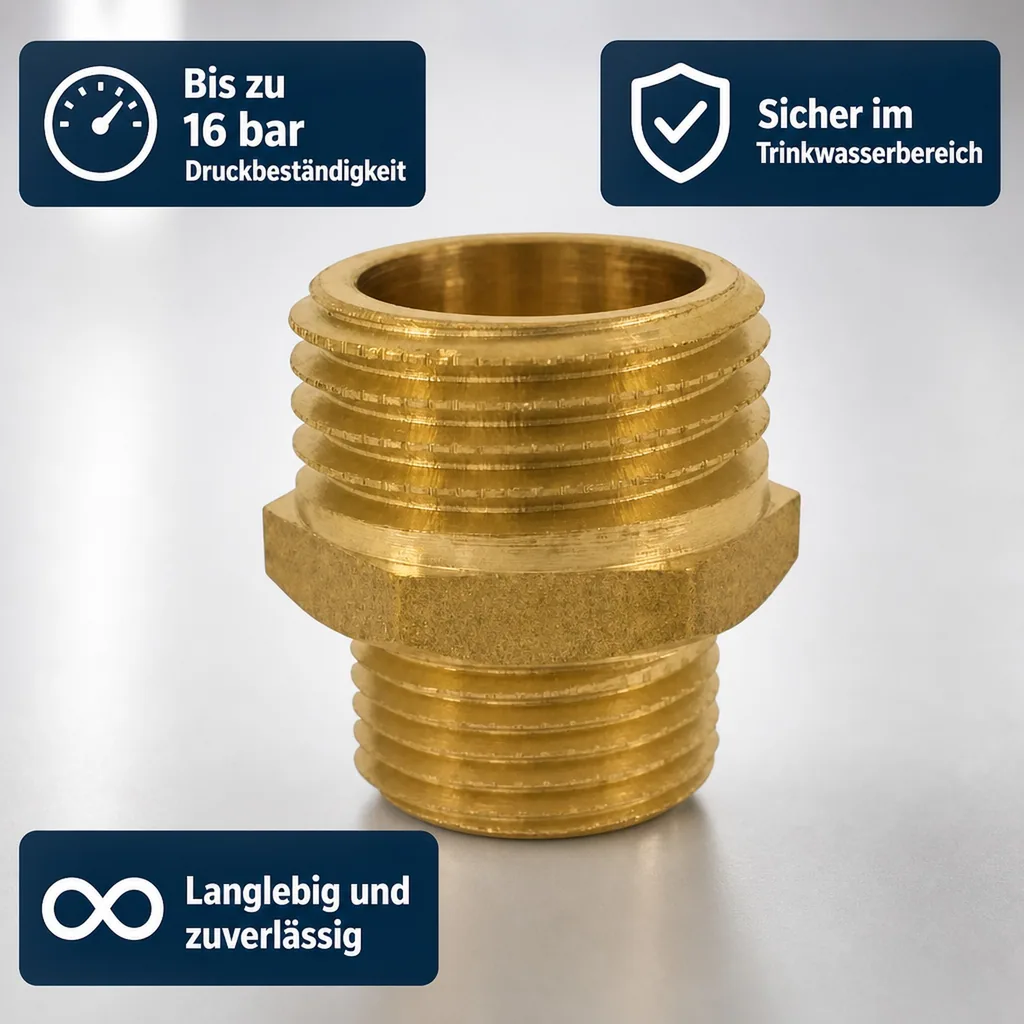 Messingfitting, Doppelnippel, Gewindefitting, 1" AG x 3/8" AG