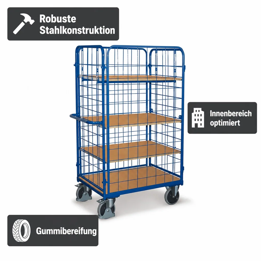 Vierwandwagen, Transportwagen hoch, mit 3 Böden, EasySTOP