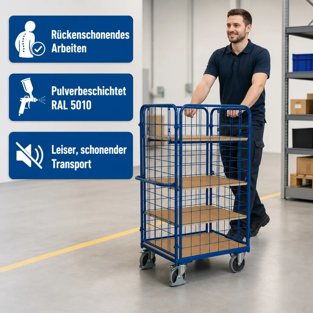 Vierwandwagen, Transportwagen hoch, mit 3 Böden, EasySTOP