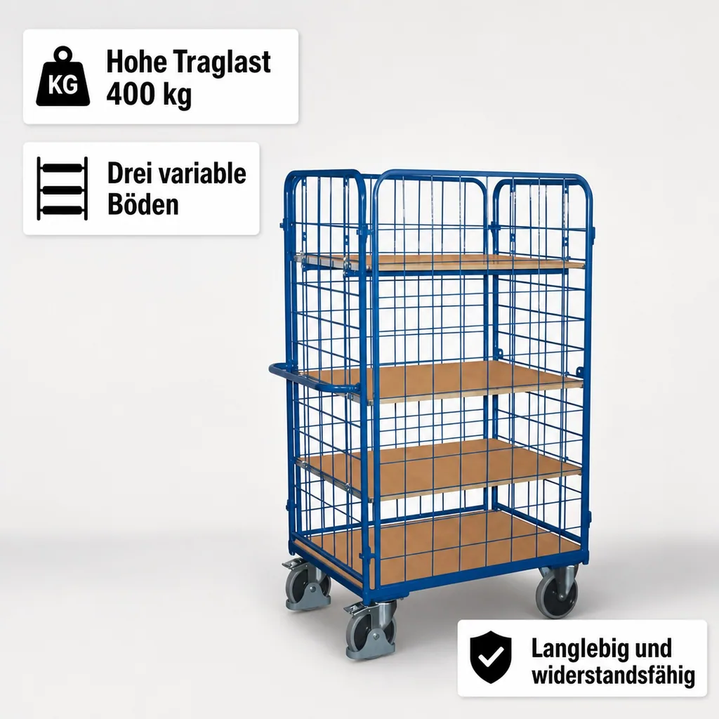 Vierwandwagen, Transportwagen hoch, mit 3 Böden, EasySTOP