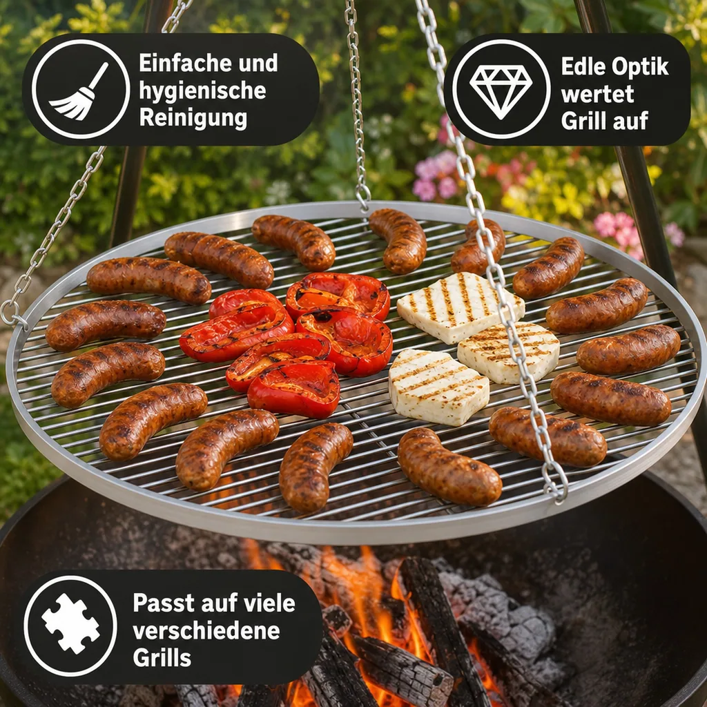 Grillrost Edelstahl 80 cm, Rund, für Grill, Dreibein