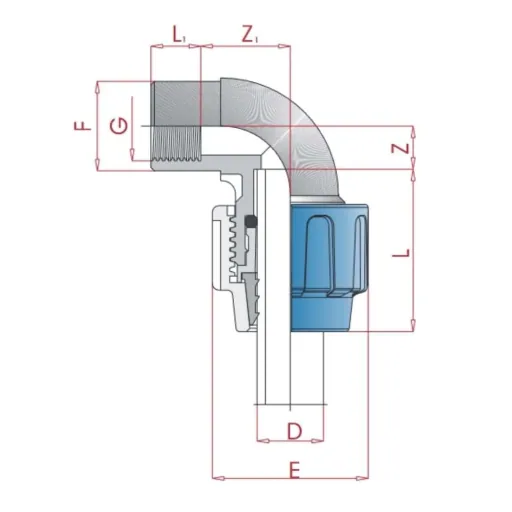 PE Rohr Verschraubung, PP Winkel Verschraubung 90°, 40mm x 1" IG