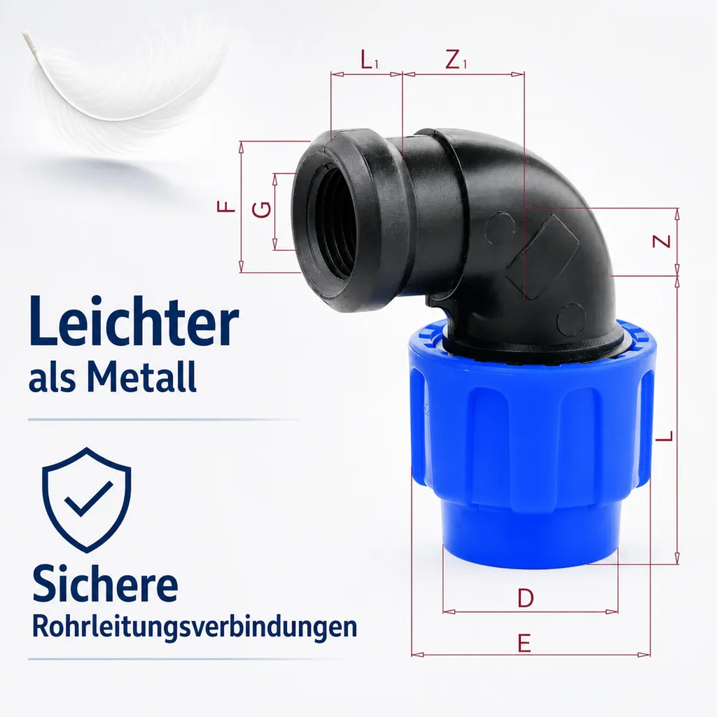 PE Rohr Verschraubung, PP Winkel Verschraubung 90°, 40mm x 1" IG