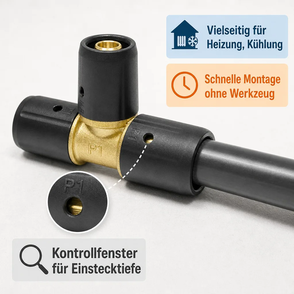 Steckfitting T-Stück reduziert, 20x2 - 16x2 - 20x2, Rohrverbinder