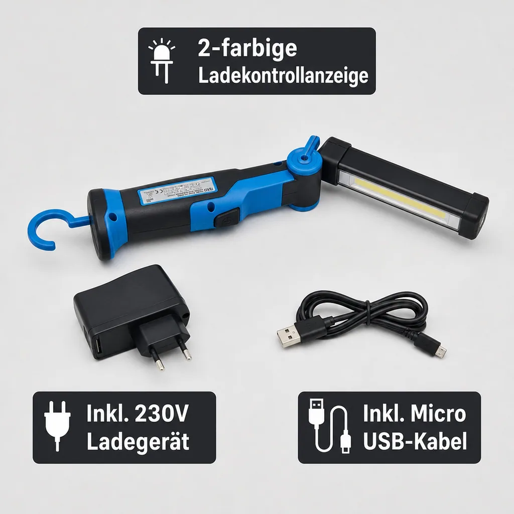 COB LED Lampe, Akku Knicklampe, Werkstattlampe Akku