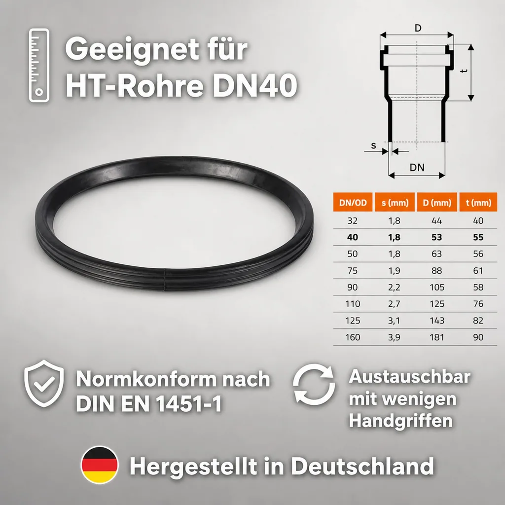 NBR Dichtung ölbeständig DN40, HT Safe, Abwasserrohr