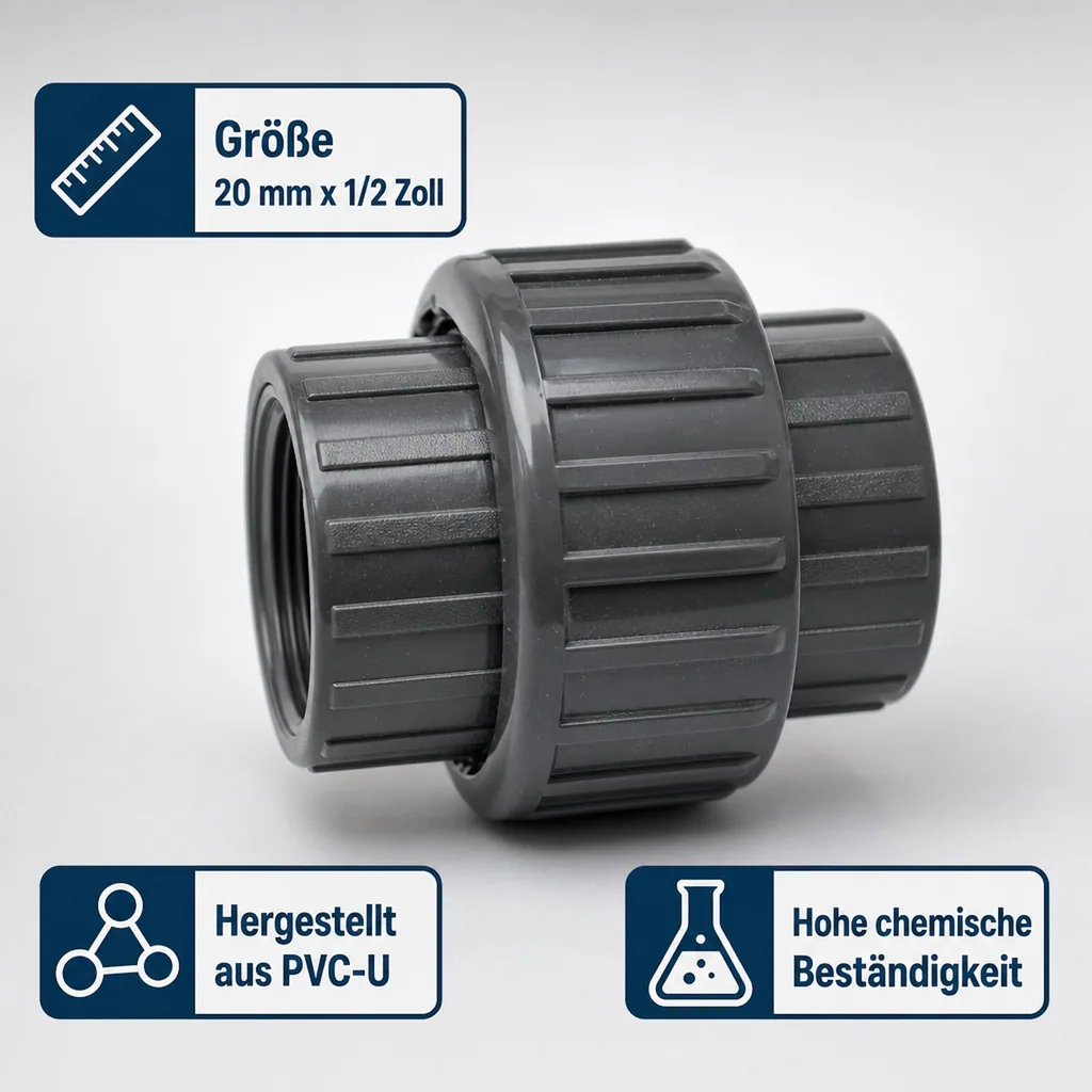 PVC Fitting 20mm, PVC-U Verschraubung, Klebemuffe 1/2 Zoll