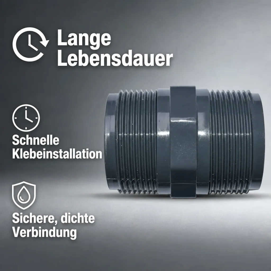 PVC Fitting, Doppelnippel 1 1/2 Zoll, PVC-U AG x AG, Rohrverbinder