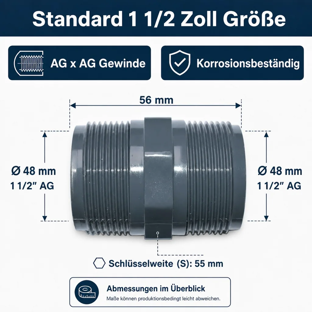 PVC Fitting, Doppelnippel 1 1/2 Zoll, PVC-U AG x AG, Rohrverbinder