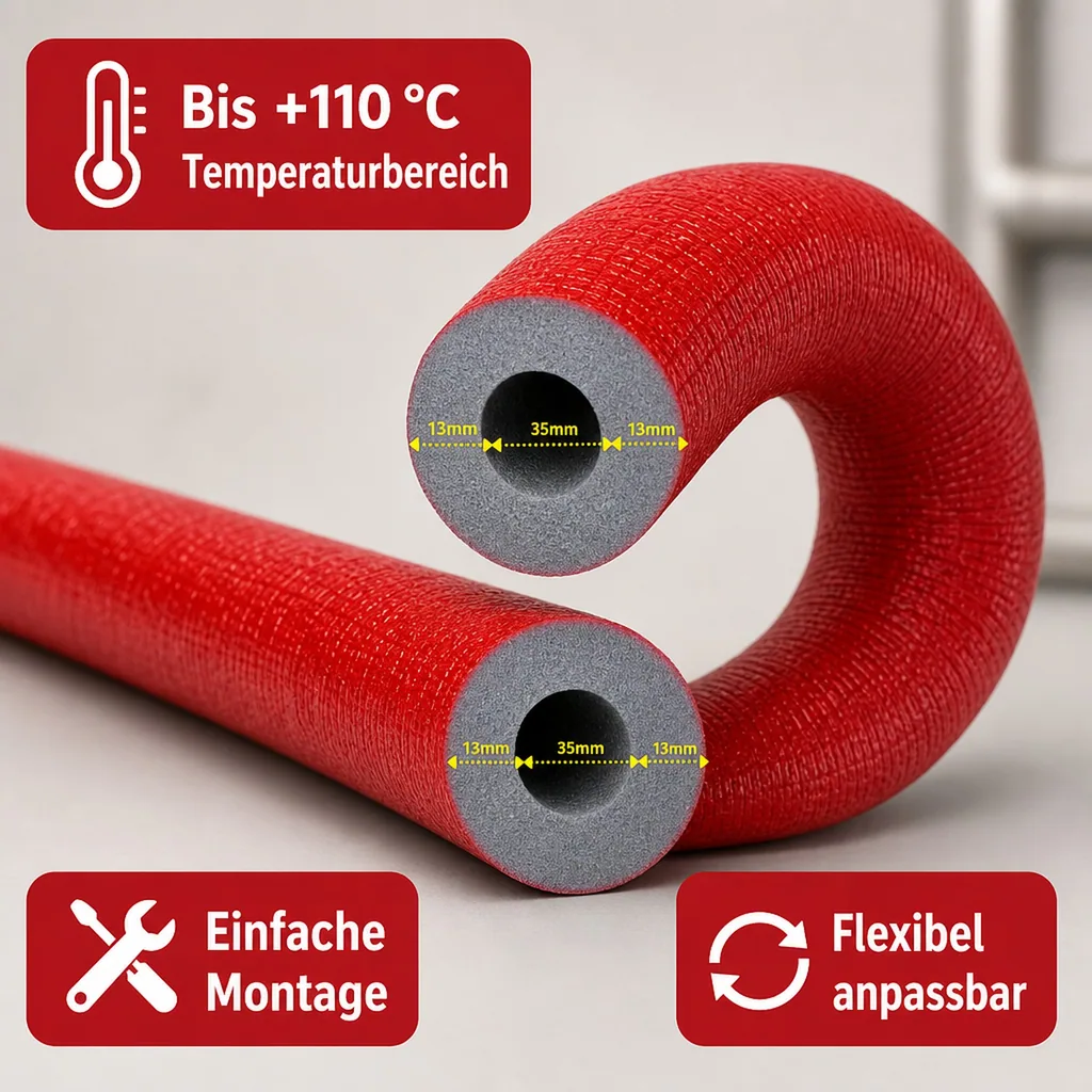 Rohrisolierung 35mm, Heizungsrohr Isolierung, 2m, 13mm grau