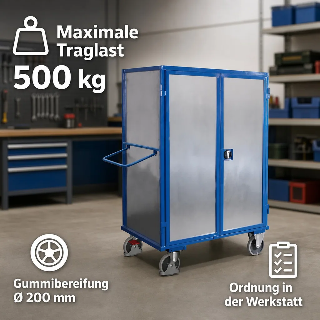 Werkstattwagen mit Türen, Etagenwagen abschließbar, Stahlblech, 500 kg Traglast