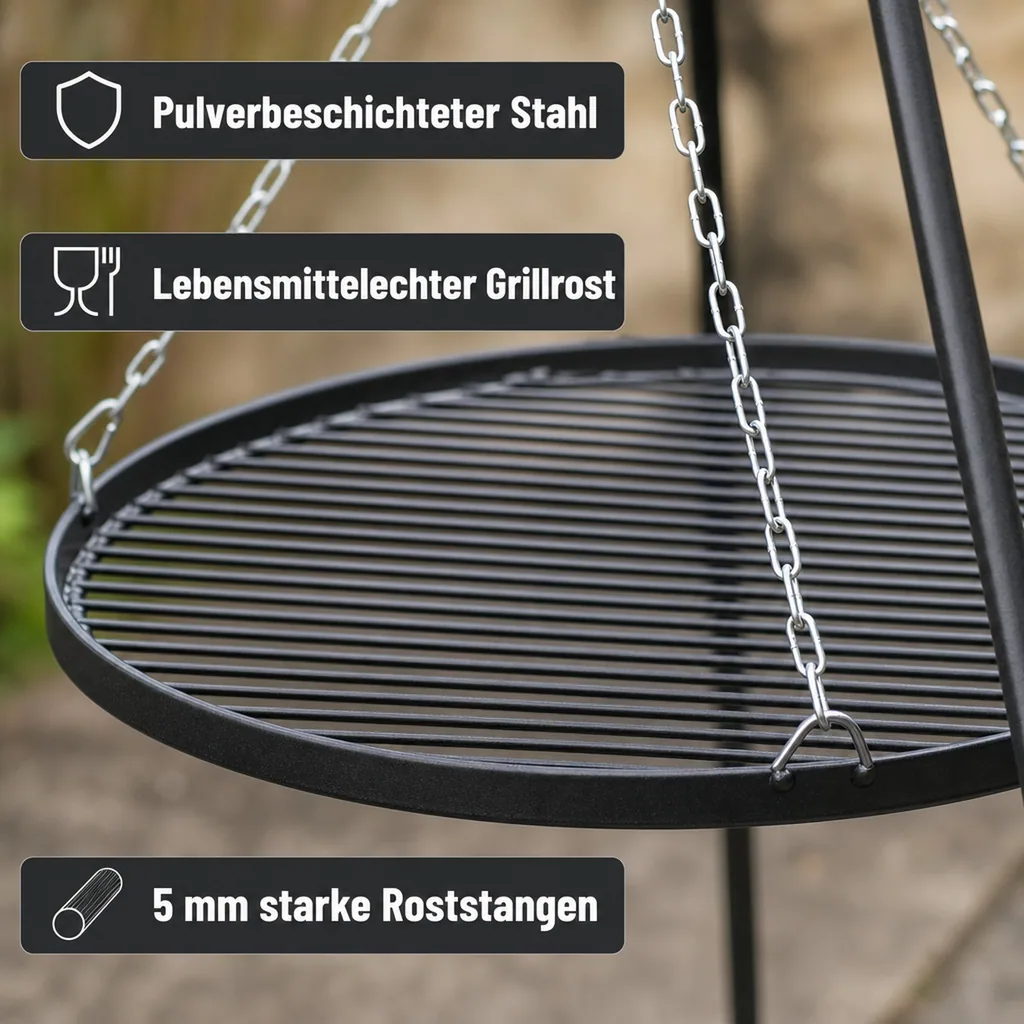 Schwenkgrill Set, Dreibein Grill 180cm, Grillrost 80cm