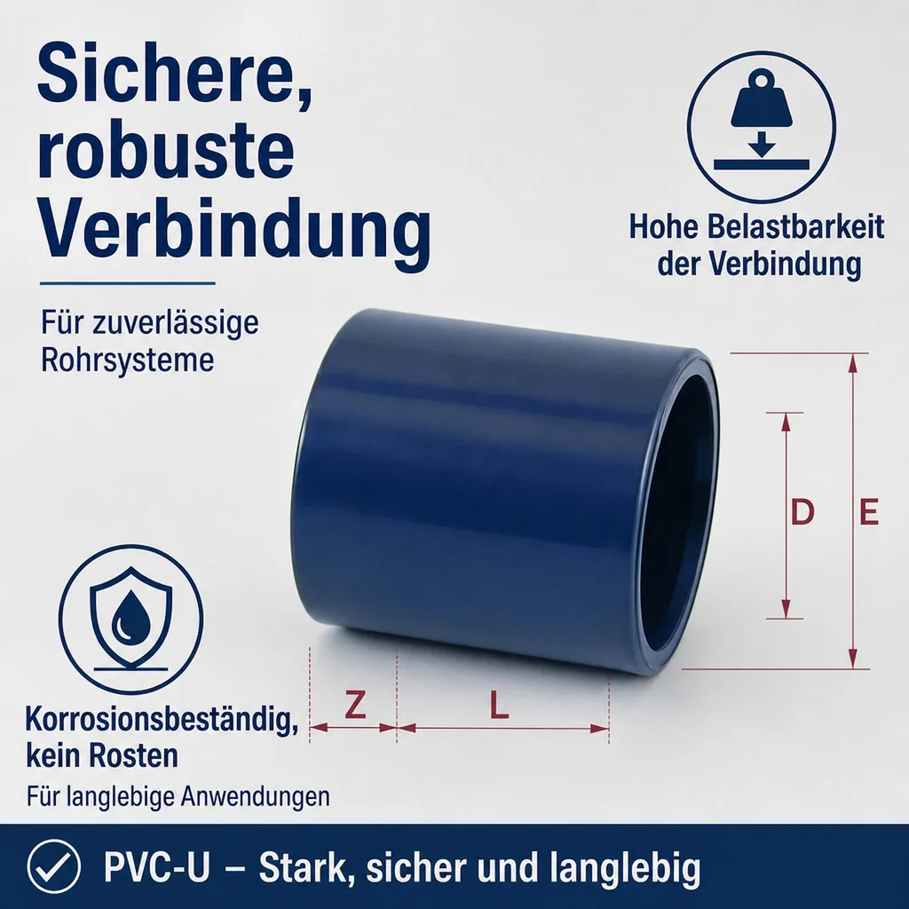 PVC Fittinge, Klebemuffe 63mm, PVC-U Rohrverbinder, PN16