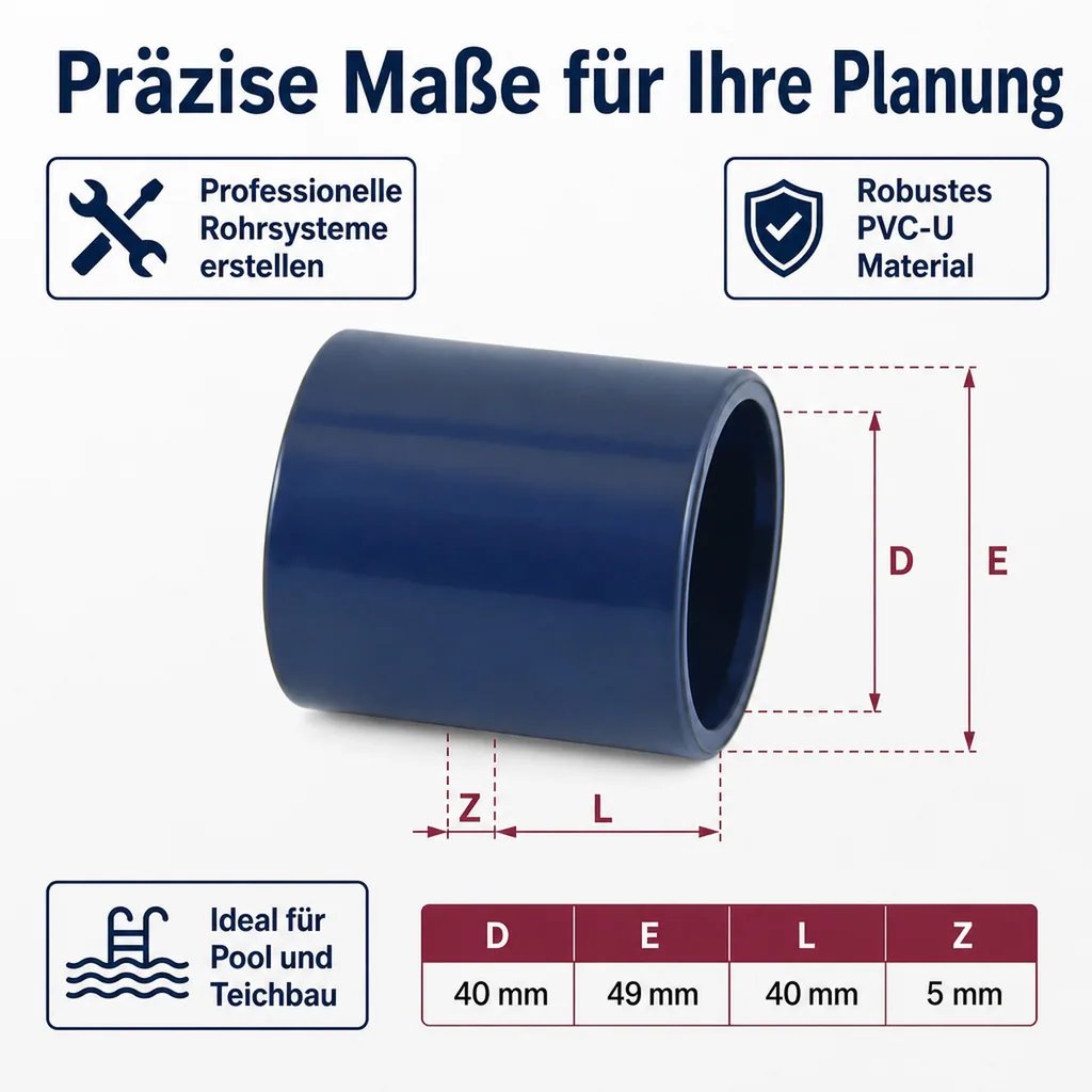 PVC Fittinge, Klebemuffe 40 mm, PN16, PVC-U Rohrverbinder