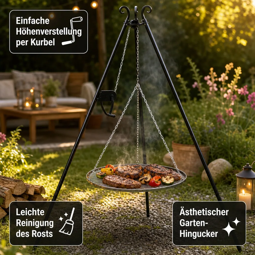 Schwenkgrill, Edelstahl Grillrost, 80 cm, mit Dreibein und Kurbel