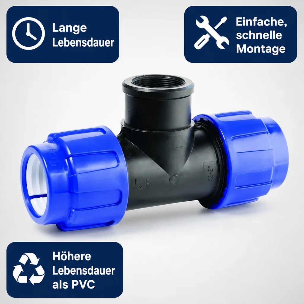 PE Rohr Verschraubung, T-Stück 25mm, Klemmverbinder für Trinkwasser