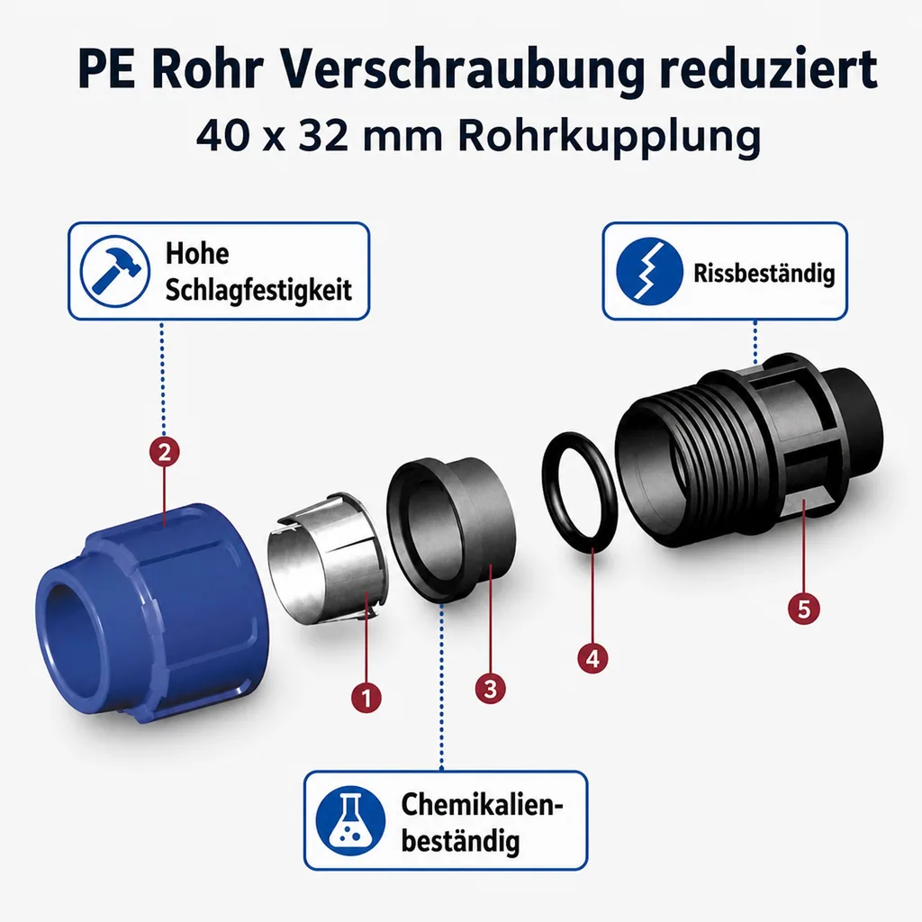 PE Rohr Verschraubung reduziert, 40 x 32 mm, Rohrkupplung