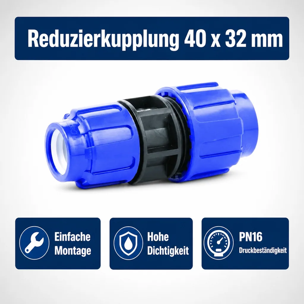 PE Rohr Verschraubung reduziert, 40 x 32 mm, Rohrkupplung