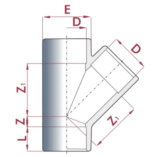 PVC Fittinge, PVC Rohrverbinder, T-Stück Muffe 32 mm PN16, 45 Grad