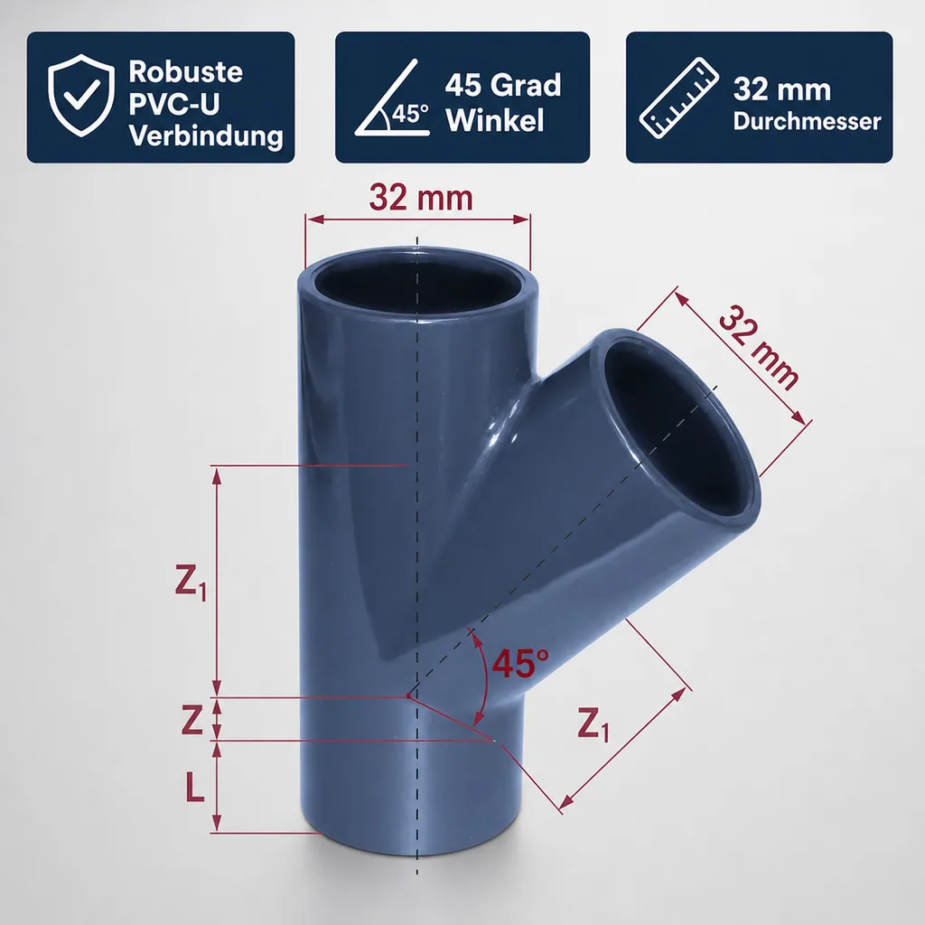 PVC Fittinge, PVC Rohrverbinder, T-Stück Muffe 32 mm PN16, 45 Grad