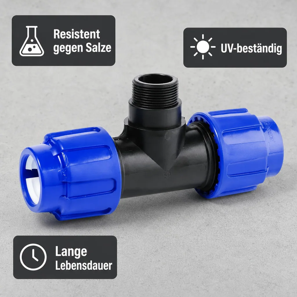 PE Rohr Verschraubung T-Stück 25mm, PP, 3/4 Zoll, Klemmfitting