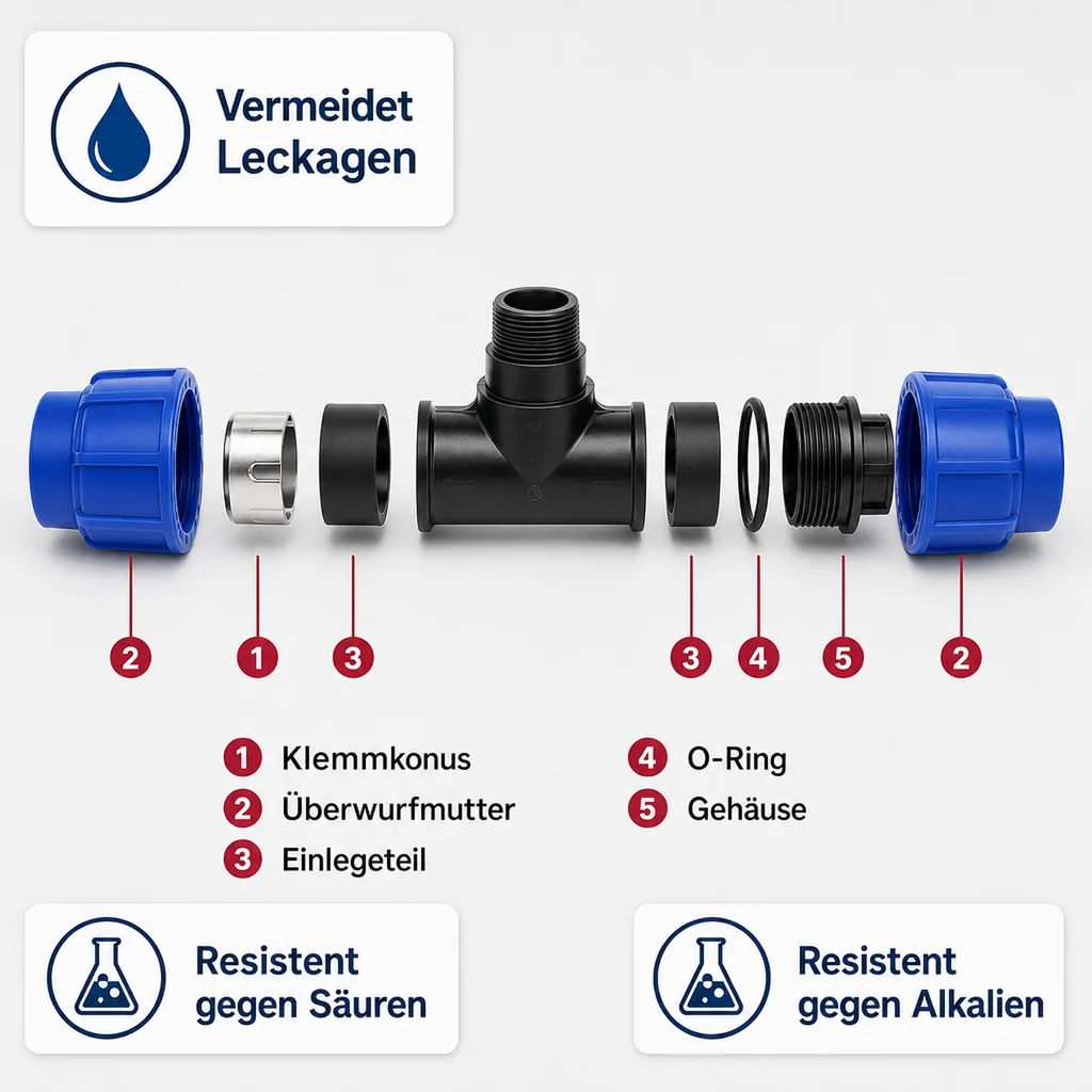PE Rohr Verschraubung T-Stück 25mm, PP, 3/4 Zoll, Klemmfitting