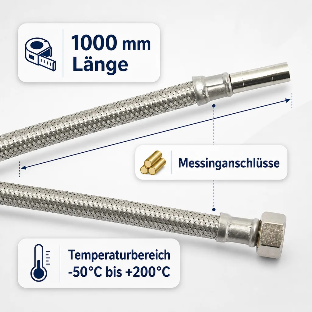Panzerschlauch, Edelstahl, DN8, 3/8 Zoll, 1000mm, Trinkwasser, DVGW