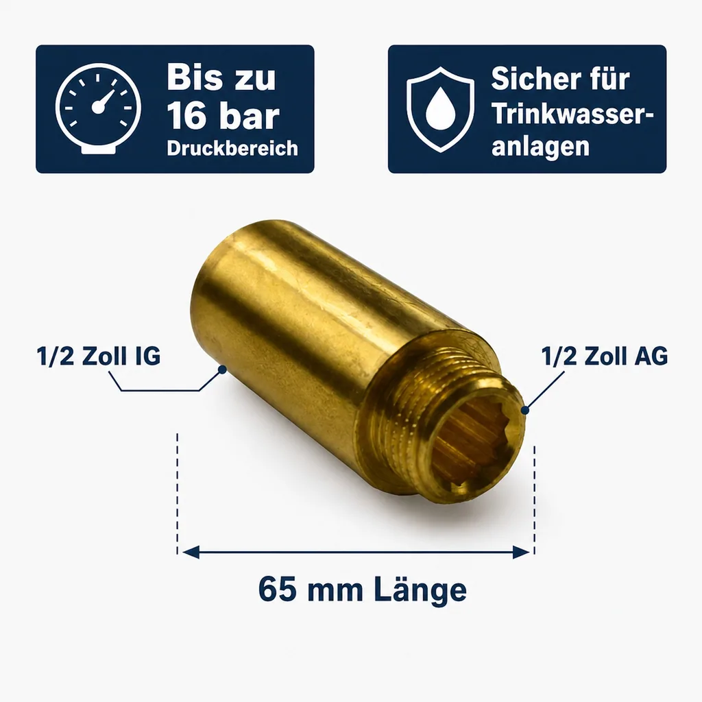 Hahnverlängerung, Messing Gewindefitting, 1/2 Zoll AG x 1/2 Zoll IG, 65 mm