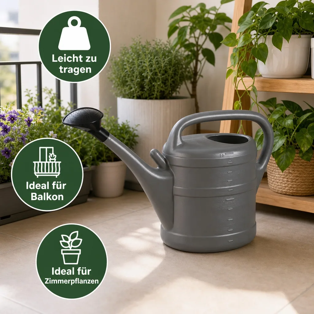 Gießkanne 10 Liter, anthrazit, Kunststoff, Garten, mit Brause